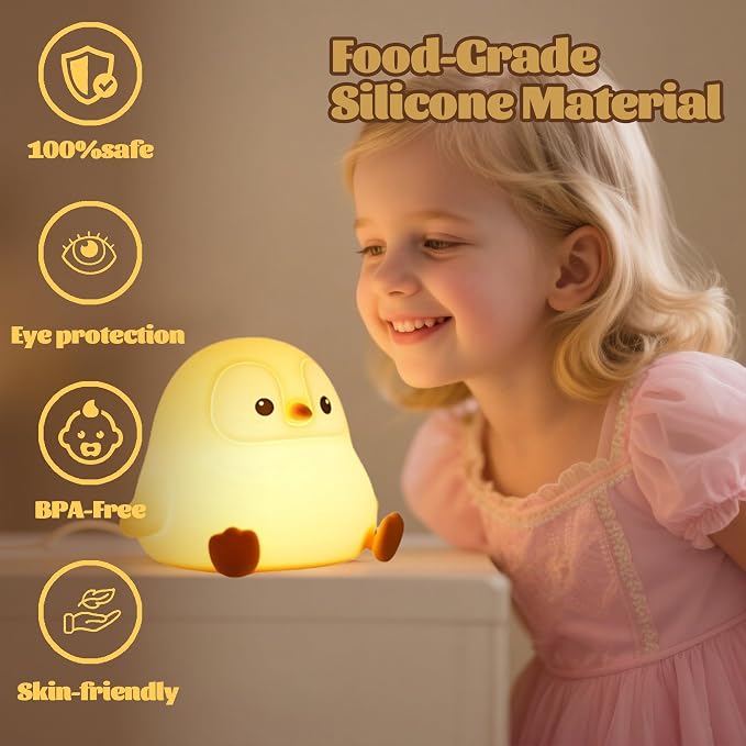 Penguin Nursery Night Light, LED Squishy Silicone Lamp, 2 Levels Dimmable - Image 5