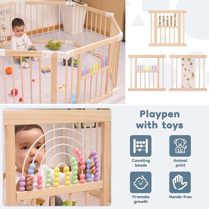 Foldable Wooden Baby Playpen Activity Center, Adjustable Size & Shape Portable - Image 2