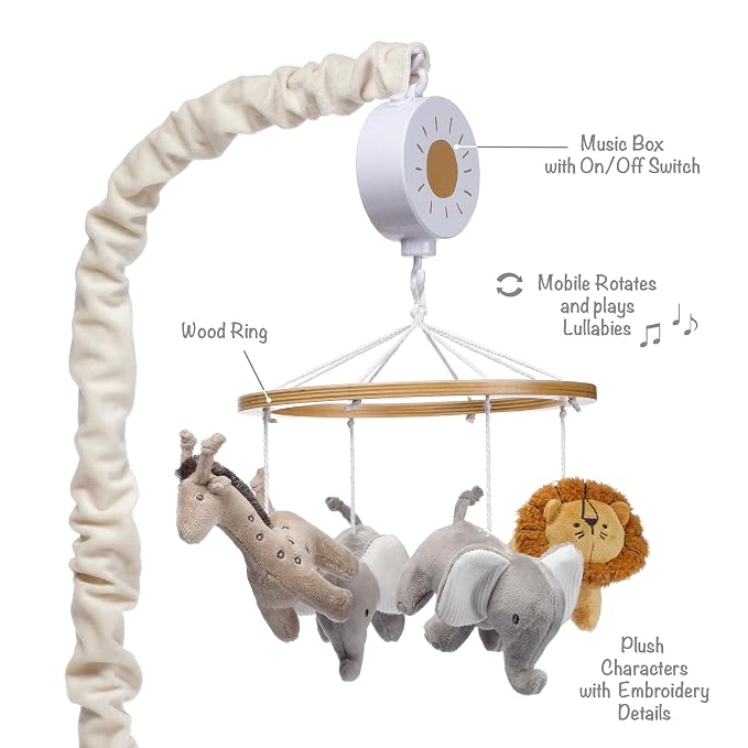 Lambs & Ivy Jungle Adventure Elephant/Lion Musical Baby Crib Mobile Soother Toy - Image 2