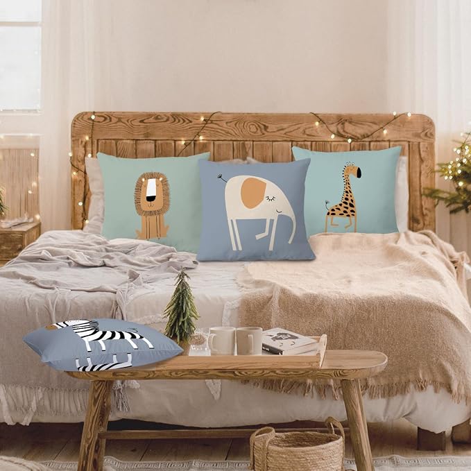 SPBL&L Woodland Animals Pillow Covers 18x18, Cartoon Lion Giraffe Elephant - Image 2