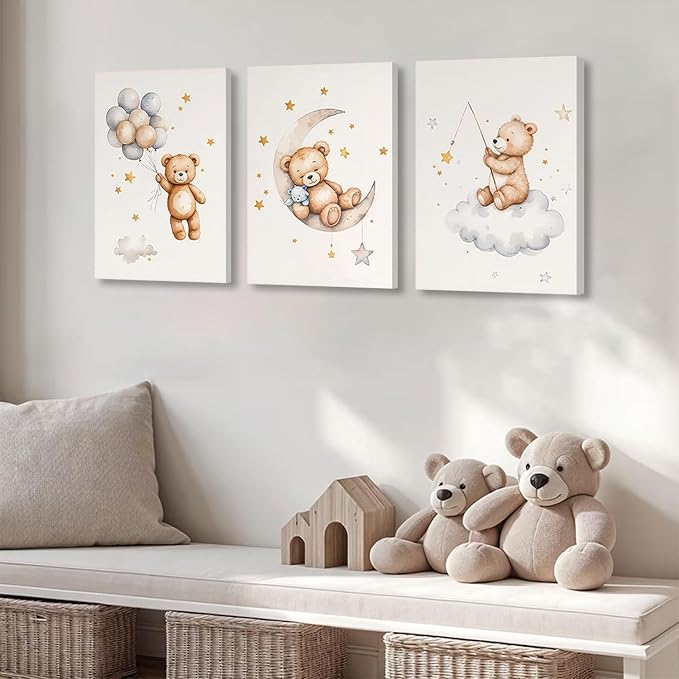 3 Pcs Framed Teddy Bear Nursery Canvas Wall Art Bear Sleeping on The Moon and - Image 6