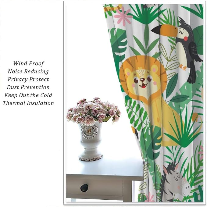 Jungle Animals Curtains Cartoon Cute Lion Giraffe Monkey Zebra Woodland Art - Image 3