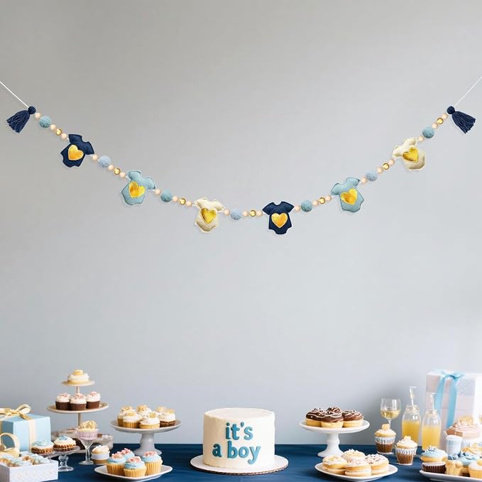 Dusty Blue Gold Baby Clothes Decoration Pre-Strung Handmade Felt Baby Clothes - Image 6