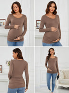 Ecavus Women's Maternity Shirts Long Sleeve Soft Stretchy Pregnancy Tops Side - Image 4