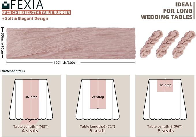 FEXIA 3 Pack Table Runner Dusty Pink Cheesecloth 35x120 Inches Spring Easter - Image 2