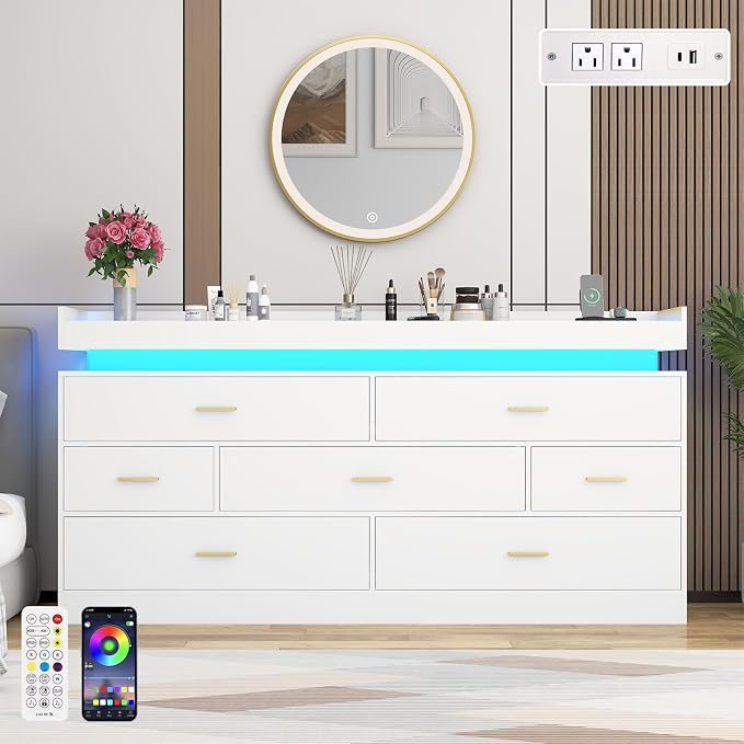 7 Drawer Dresser with LED Light and Charging Station, Wide Drawer Organizer - Image 4