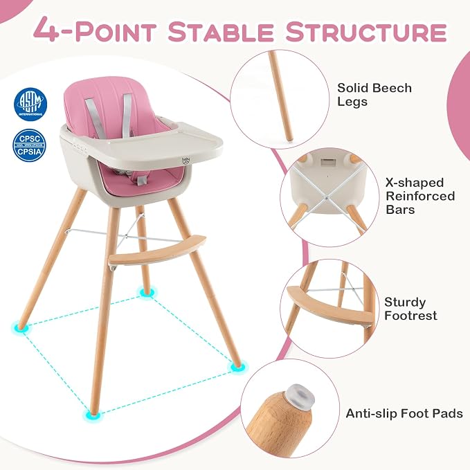 BABY JOY Convertible Baby High Chair, 3 in 1 Wooden Highchair/Booster/Chair - Image 5