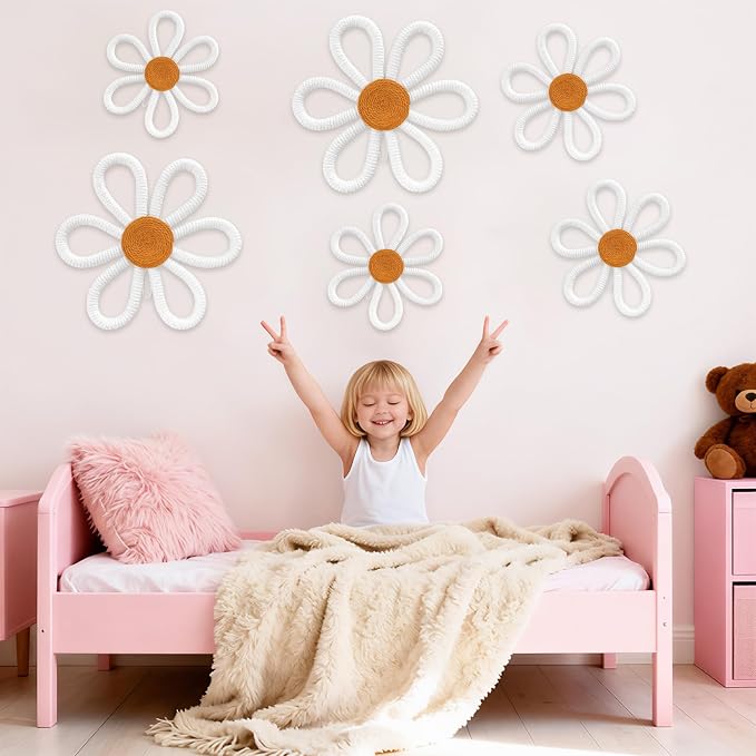 6 Pcs Boho Nursery Decor, Woven Macrame Daisy Flower Wall Hanging in 3 Sizes - Image 7