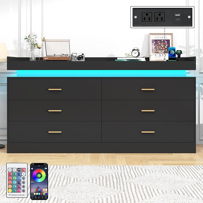 6 Drawer Dresser with LED Light and Charging Station, Wide Drawer Organizer - Image 2