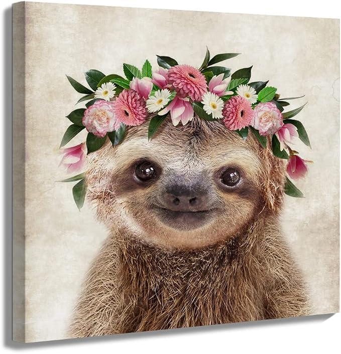 Oridomy Funny Sloth Wall Art Rustic Country Animal Canvas Print Sloth Wearing a by Home