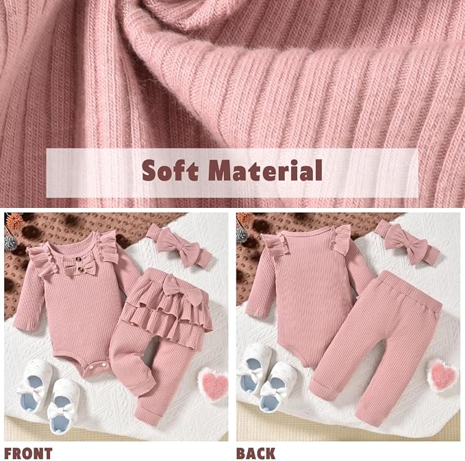 Aalizzwell Preemie Newborn Infant Baby Girls Clothes Ribbed Bodysuit Pants Set - Image 3