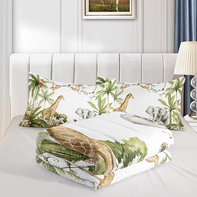 QOOMO Elephant Giraffe Monkeys Comforter King Size, Wild Animals Kids Comforter - Image 4