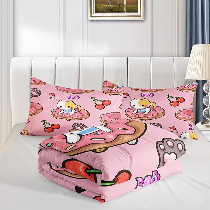 QOOMO Kawaii Cat Comforter Twin Size, Doughnut Cherry Cat Comforter Set - Image 4