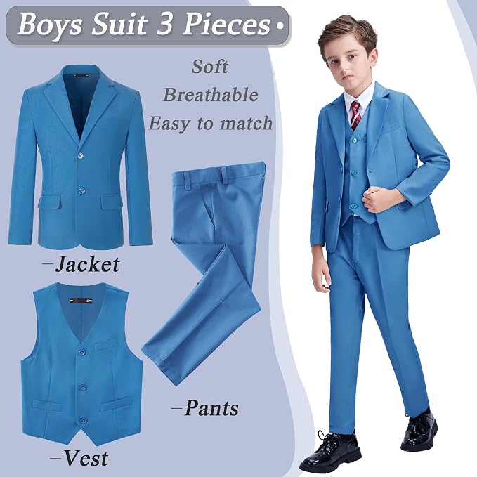 Boys' 3 Piece Suit Set with Suit Jacket, Formal Tuxedos Slim Fit Ring Bearer - Image 2