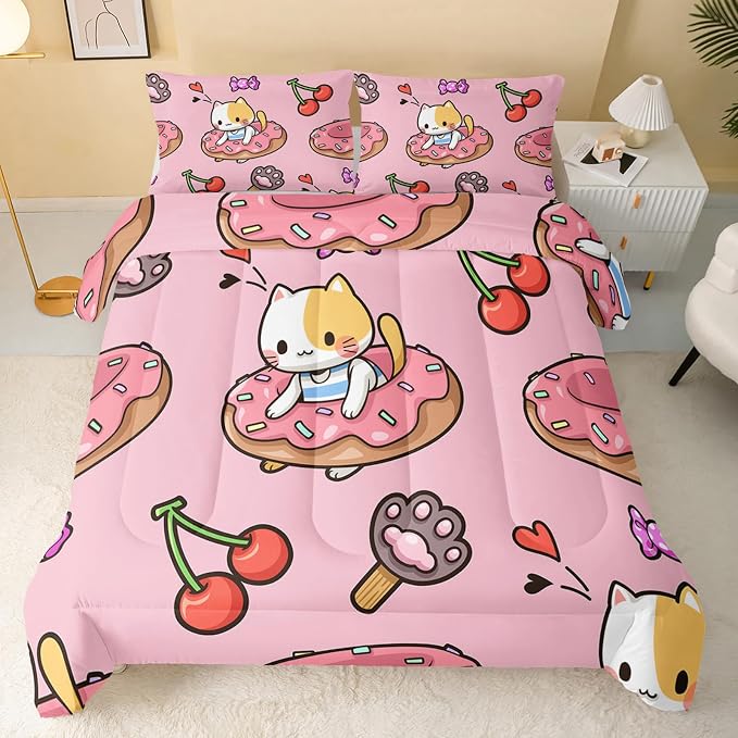QOOMO Kawaii Cat Comforter Twin Size, Doughnut Cherry Cat Comforter Set - Image 2