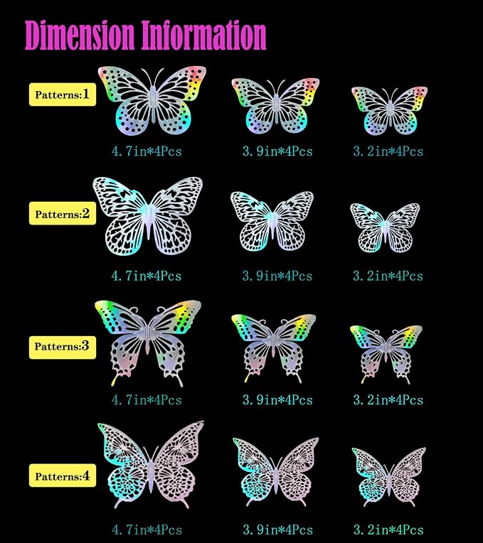 48 Pcs Rainbow Silver Butterfly Decorations, 4 Styles 3 Sizes, Butterflies Wall - Image 3