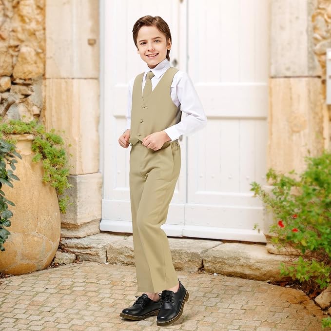Luca Gabriel Toddler Boys' 5 Piece Classic Fit No Tail Formal Khaki Dress Suit - Image 5