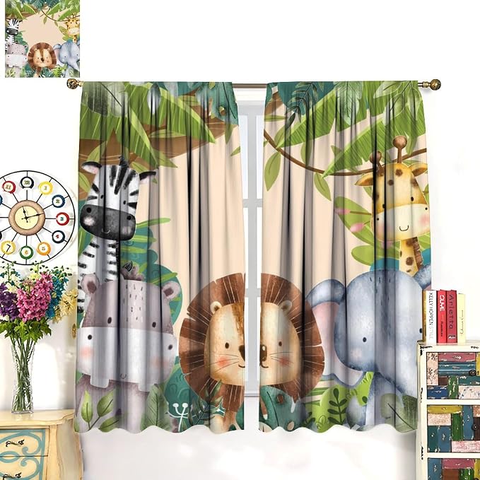 Jungle Animals Curtains Colorful Forest Cartoon Wildlife Lion Giraffe Elephant - Image 3