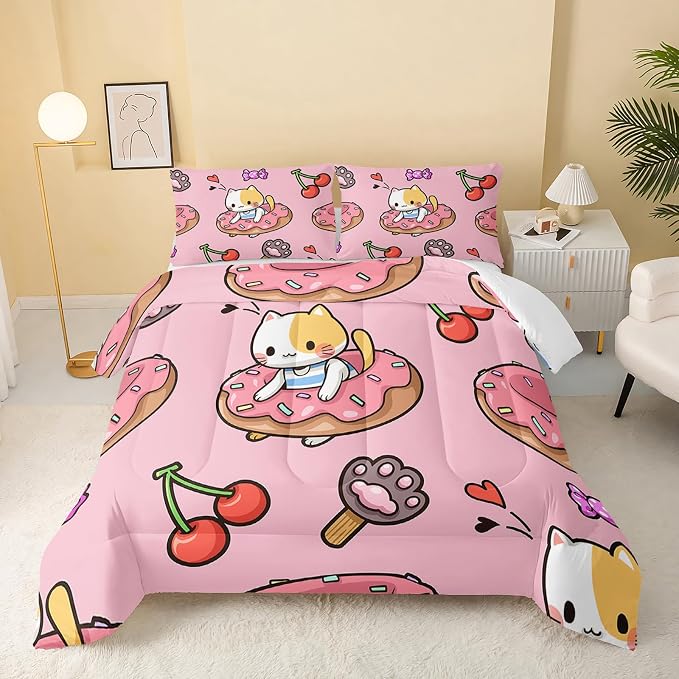 QOOMO Kawaii Cat Comforter Queen Size, Doughnut Cherry Cat Comforter Set by QOOMOHOME