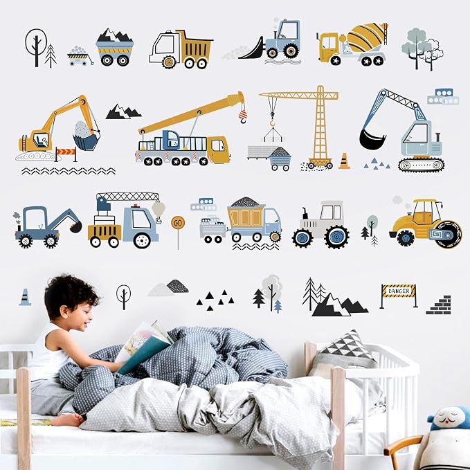 decalmile Construction Vehicles Wall Stickers Trucks Tractor Excavator Crane - Image 2