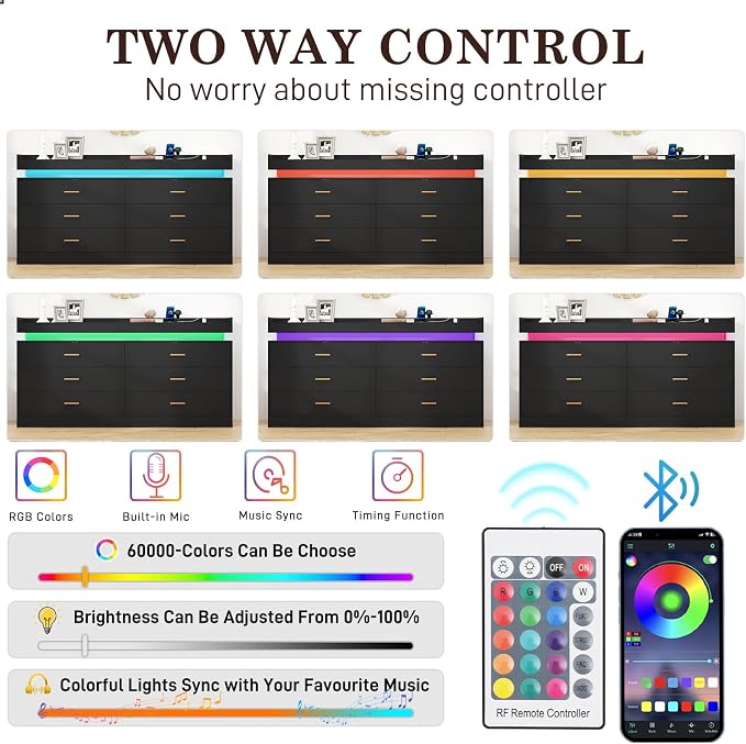 6 Drawer Dresser with LED Light and Charging Station, Wide Drawer Organizer - Image 4