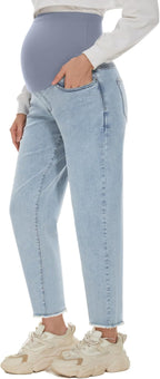 POSHGLAM Women's Maternity Jeans Over Belly Comfy Stretch 28'' Boyfriend Jeans by POSHGLAM
