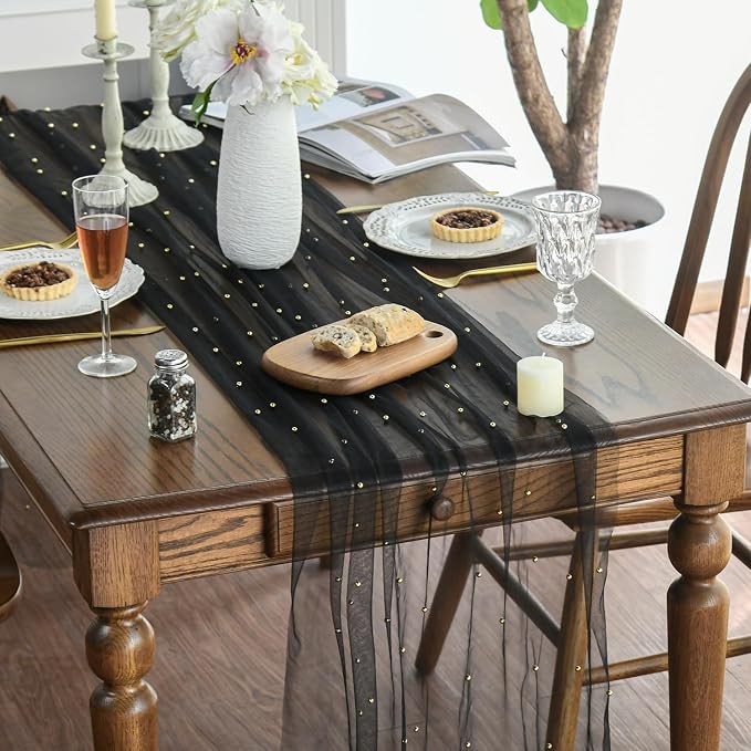 Artoid Mode 3PCS Pearl Black Gauze Table Runner 120 Inch 10FT, Seasonal Sheer - Image 3