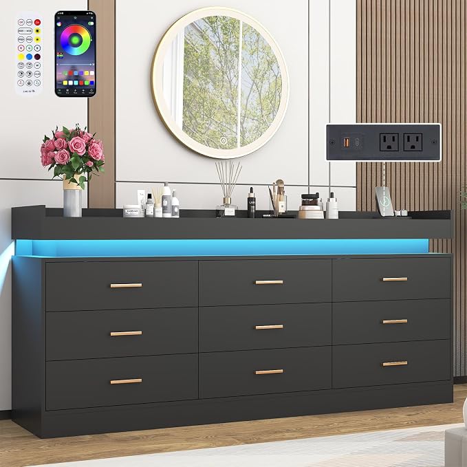 9 Drawer Dresser with LED Light and Charging Station, Wide Drawer Organizer by Hlivelood