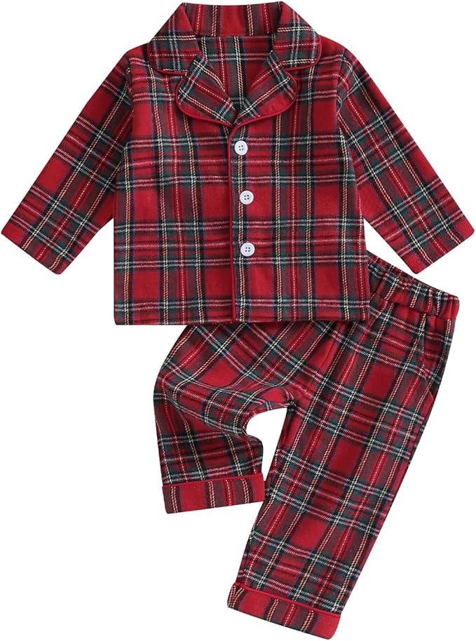 MAINESAKA Baby Boy Girl Pajamas Christmas Red Plaid Print Long Sleeve Lapel by MAINESAKA