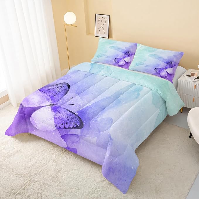 QOOMO Butterfly Comforter Full Size, Watercolor Butterfly Kids Bedding Set - Image 3