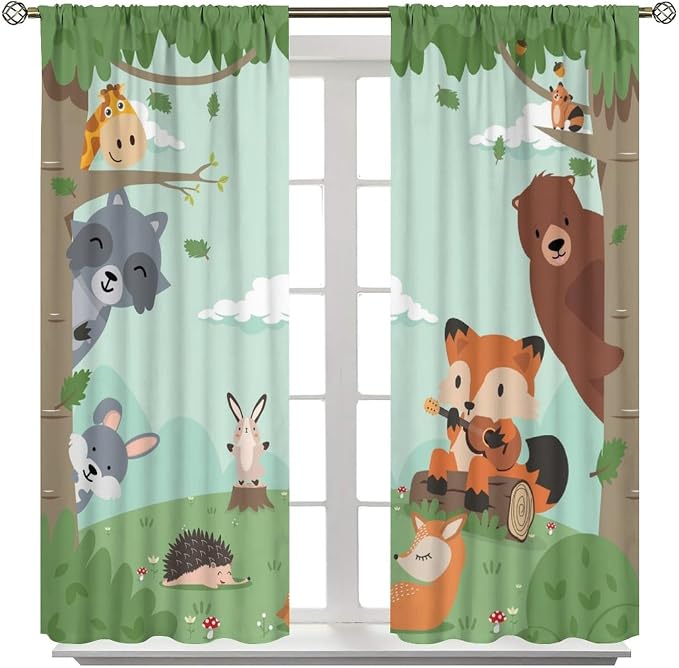Forest Animals Curtains Colorful Forest Cartoon Cute Fox Bear Giraffe - Image 8