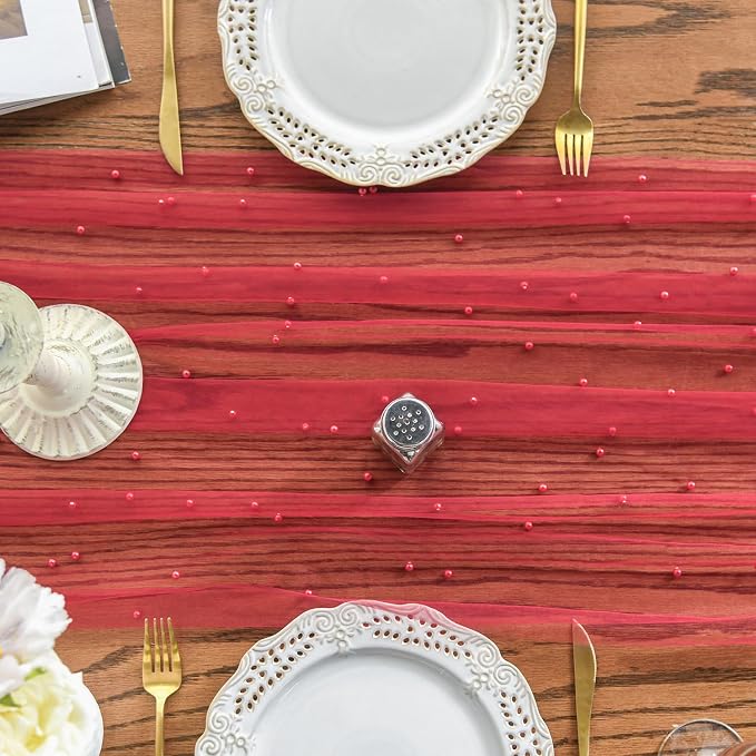 Artoid Mode Pearl Red Gauze Table Runner 59x120 Inch, Seasonal Sheer Kitchen - Image 2