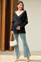 OUGES Womens Soft Cotton Blend Maternity Sweater Wrap V Neck Long Sleeve V Back - Image 6
