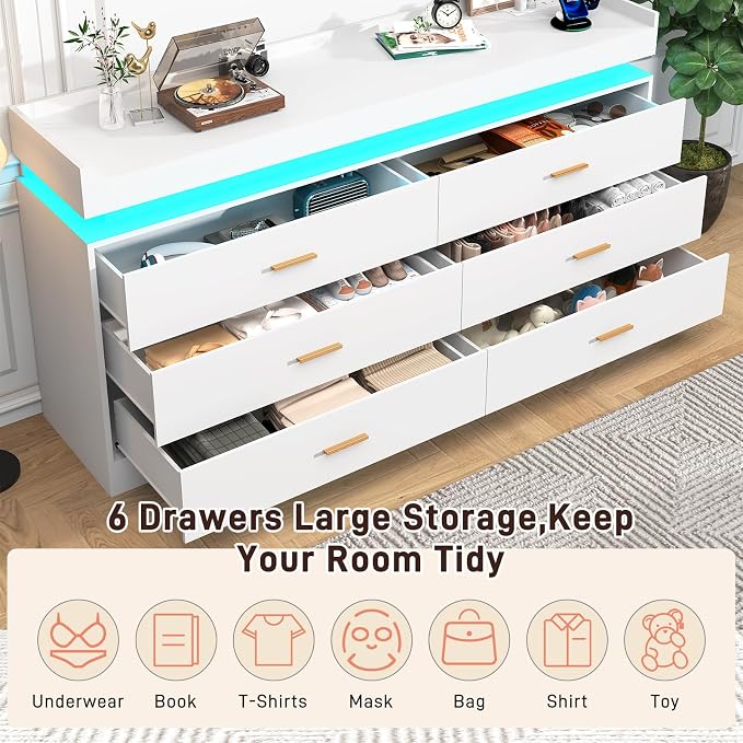 6 Drawer Dresser with LED Light and Charging Station, Wide Drawer Organizer - Image 4