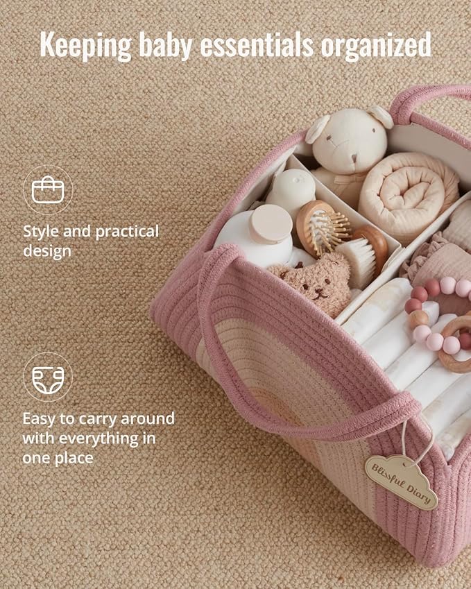Blissful Diary Baby Diaper Caddy Organizer, Cotton Rope Diaper Caddy Basket - Image 2