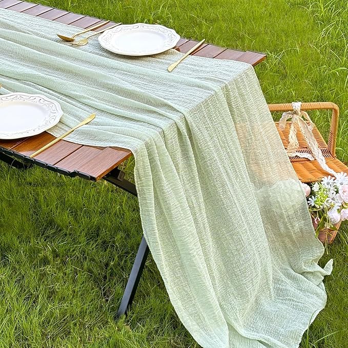 FEXIA Table Runner Sage Green Cheesecloth Table Runner 30x118 Inches - Image 3