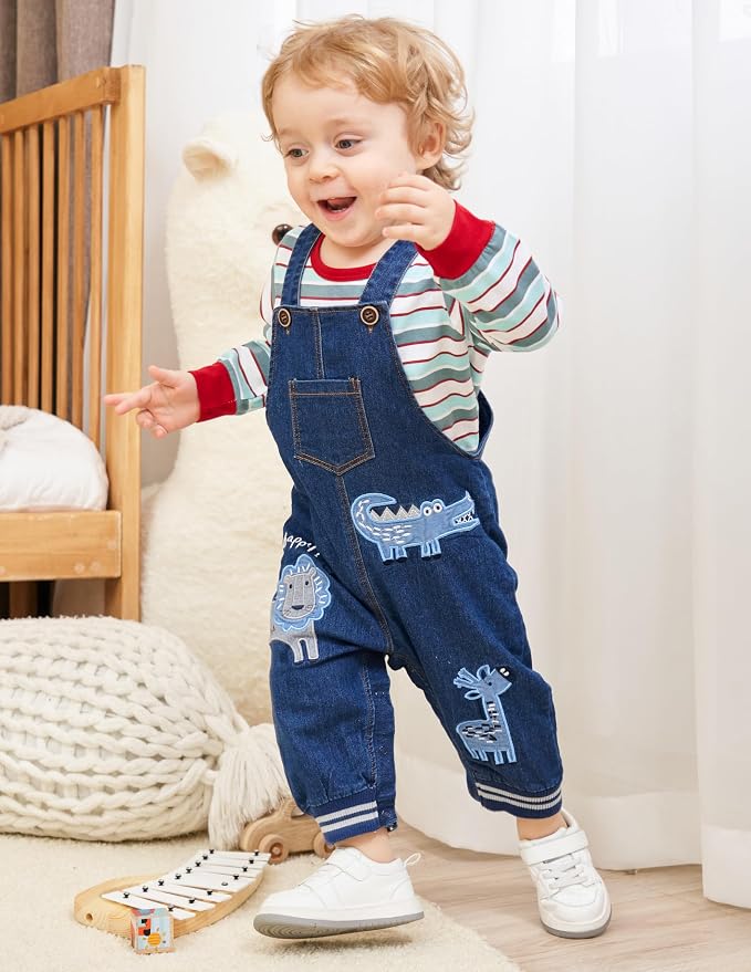 Baby Boy Clothes Set Infant Boy's Long Sleeve Romper+Dinosaur Denim Overalls - Image 2
