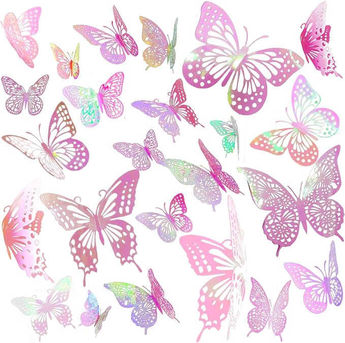 JOSDIOX 3D Butterfly Wall Decor 48 Pcs 4 Styles 3 Sizes, Laser Pink Butterflies by JOSDIOX