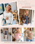 Riyiper 4 Pack Women's Maternity Shirts, Long Sleeve Cotton Ribbed Pregnancy - Image 2