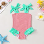 Happy Town Toddler Swimsuit Girl Solid Color Stripe One-Piece Baby Bathing Suits - Image 2
