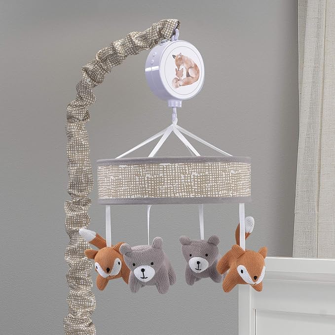 Lambs & Ivy Painted Forest Gray/Beige Fox and Bear Baby Crib Musical Mobile - Image 3