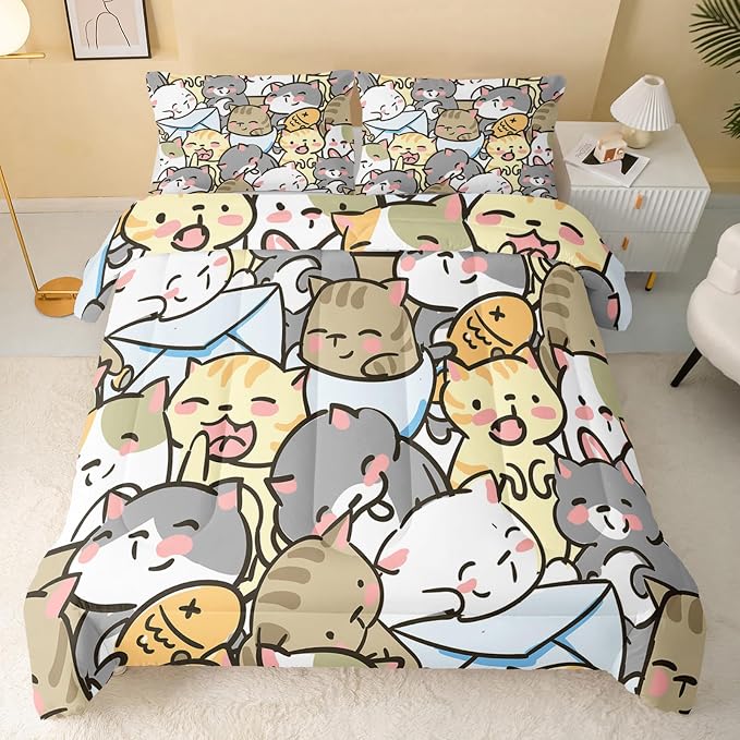 QOOMO Kawaii Cat Comforter Queen Size, Cute Cat Comforter Set - Image 2