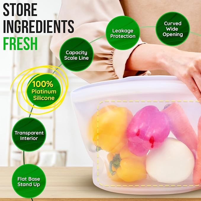 Premium Platinum Silicone Reusable Food Storage Bag 10.6 Cup, Airtight Zip Lock - Image 4