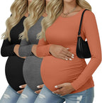 Ficerd 3 Pack Women's Maternity Shirts, Long Sleeve Side Ruched Pregnancy Tee by Ficerd