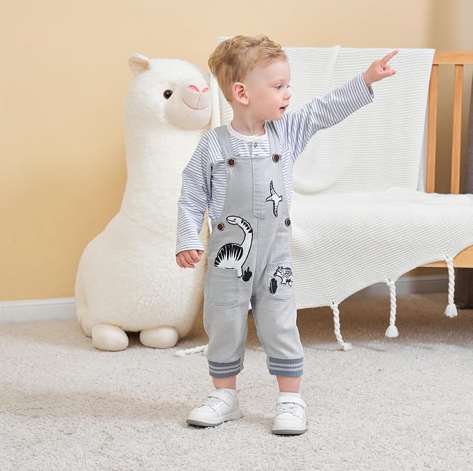 Baby Boy Clothes Set Infant Boy's Long Sleeve Romper+Dinosaur Denim Overalls - Image 5