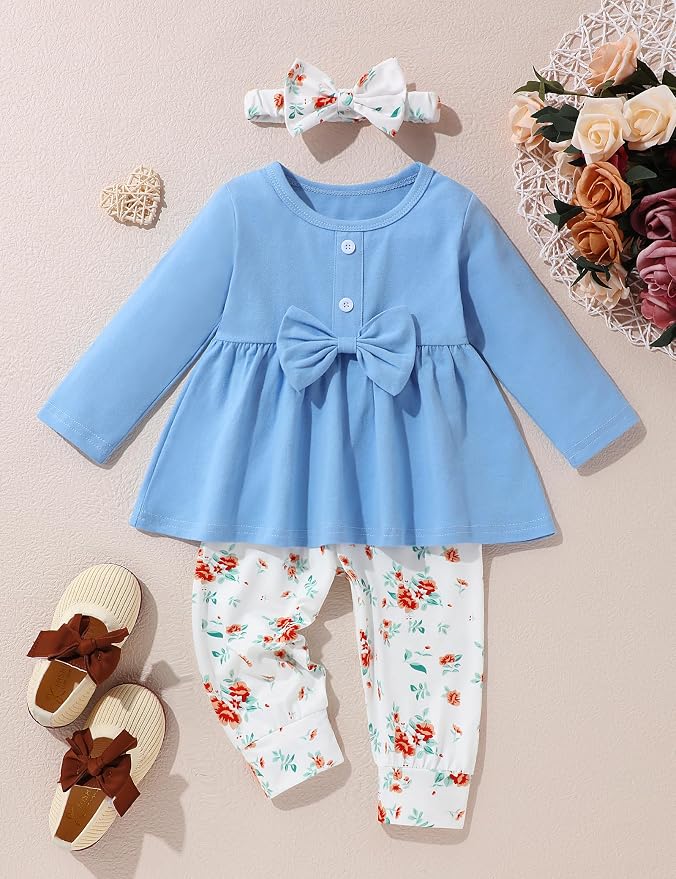 oklady Toddler Baby Girl Clothes Solid Color Ruffle Tops Floral Pants - Image 2