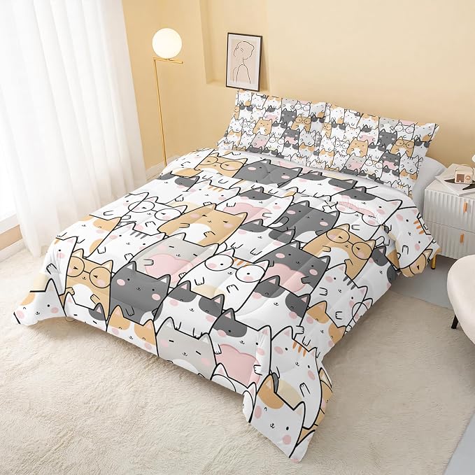 QOOMO Kawaii Cat Comforter King Size, Cats Bedding Set - Image 3