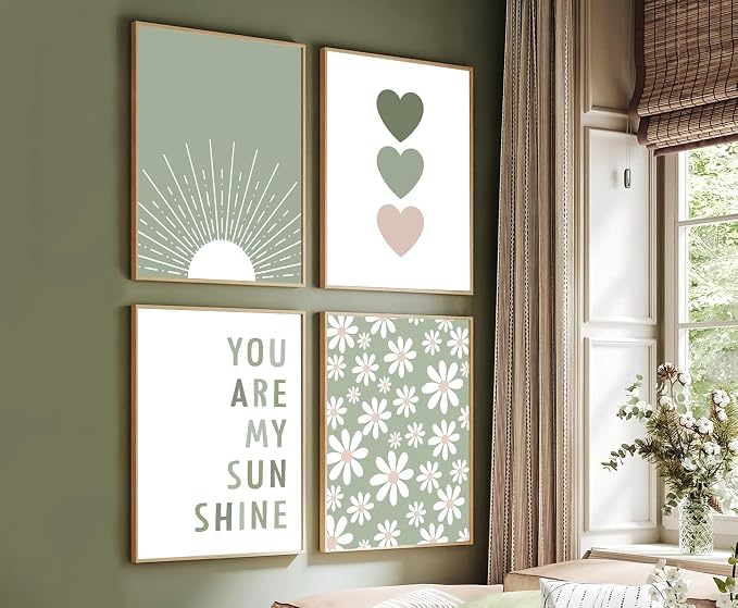 Boho Wall Art Set of 4 Sage Green Nursery Wall Decor You Are My Sunshine Canvas - Image 8