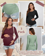 Ficerd 3 Pack Women's Maternity Shirts, Long Sleeve Side Ruched Pregnancy Tee - Image 3