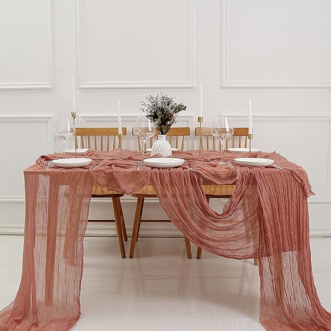 DOLOPL Boho Table Runner Dusty Blush Cheesecloth Table Runner 13.3ft Rustic - Image 6